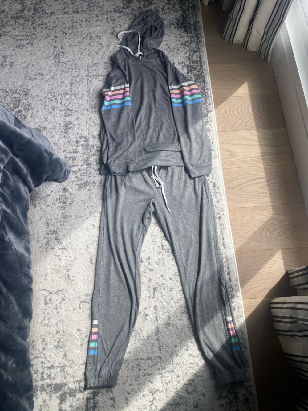 PJ Salvage Gray Hooded Sweatshirt and Jogger Set with Rainbow Stripes